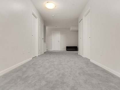 Bright, freshly renovated foyer and entryway with carpet flooring