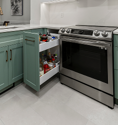Pull-out drawers in a green kitchen cabinet